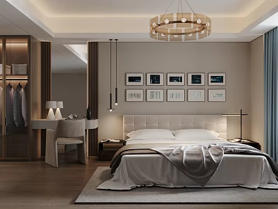 Modern Bedroom Interior Design With Upholstered Headboard Crystal Chandelier And Decorative Wall Art 3d model