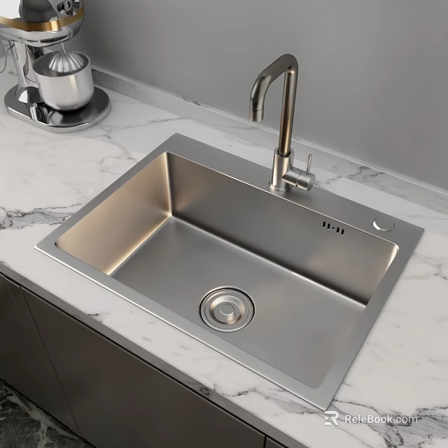Modern Single Bowl Stainless Steel Kitchen Sink With Faucet On Marble Countertop 3d model 