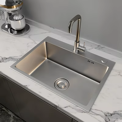 Modern Single Bowl Stainless Steel Kitchen Sink With Faucet On Marble Countertop 3d model