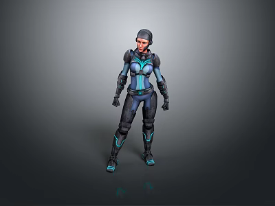 Futuristic Female Game Character In Blue And Black Armor Standing Pose 3d model
