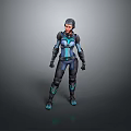 Futuristic Female Game Character In Blue And Black Armor Standing Pose