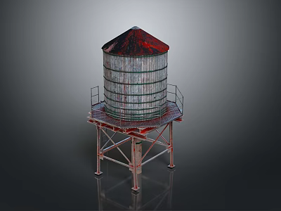 Industrial Metal Water Tower With Red Top Platform And Ladder Structure Design 3d model
