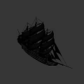 Classic Wooden Sailing Ship With Multiple Black Sails And Wooden Hull Structure