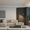 Elegant Modern Living Room Interior With Light Colored Sofa Geometric Wall Art And Floor Lamp