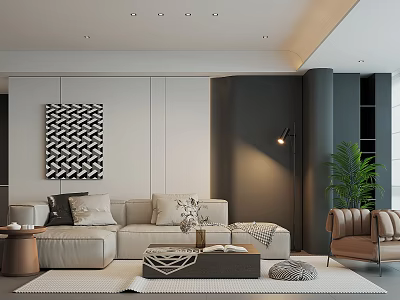 Elegant Modern Living Room Interior With Light Colored Sofa Geometric Wall Art And Floor Lamp 3d model