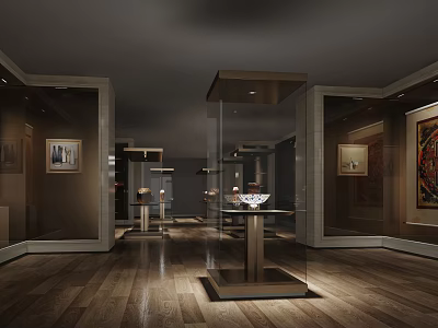Art Exhibition Hall Interior Featuring Glass Display Cases And Wooden Floor 3d model