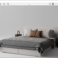 Minimalist Double Bed with Gray Bedding Brown White Pillows and Bedside Decorative Items