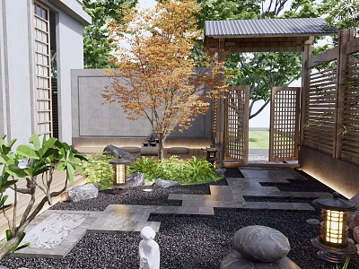 Japanese Courtyard Garden With Wooden Gate Stone Lanterns Orange Tree Stone Path And Gravel 3d model