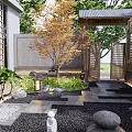 Japanese Courtyard Garden With Wooden Gate Stone Lanterns Orange Tree Stone Path And Gravel