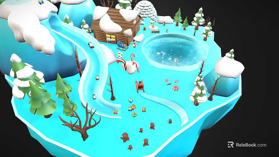 Winter Scenery With Snow Covered Cabin Frozen Lake Christmas Trees And Candy Decorations 3d model 