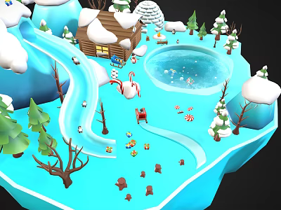 Winter Scenery With Snow Covered Cabin Frozen Lake Christmas Trees And Candy Decorations 3d model