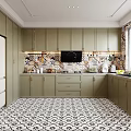 Modern Green Kitchen With Black White Patterned Floor Colorful Mosaic Backsplash And White Refrigerator 3d model