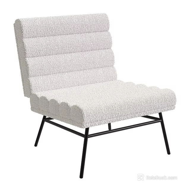White Single Sofa With Plush Fabric And Striped Backrest Design Black Metal Legs 3d model 