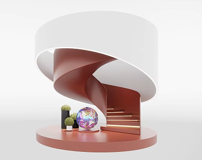 Modern Spiral Staircase Design With Brown White Steps Platform Decorative Sphere And Plant 3d model