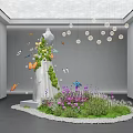 Vibrant Indoor Landscape With White Sculpture Green Plants Butterflies And Round Lights