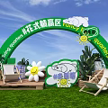 Vibrant Commercial Street Activity Area With Green Frame Balloons Cloud Decorations Sun And Flower Elements