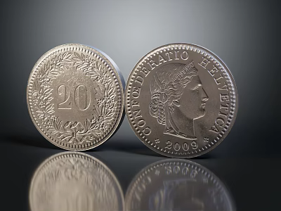 Silver Helvetia 20 Franc Coin 2009 With Portrait And Laurel Wreath Design 3d model