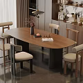 Modern Wooden Oval Dining Table Set With Six Upholstered Chairs And Decorative Vase