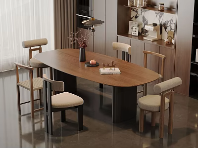 Modern Wooden Oval Dining Table Set With Six Upholstered Chairs And Decorative Vase 3d model