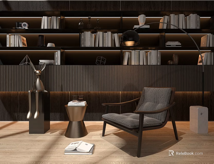 Modern Bookcase Interior With Shelves Books Accent Chair Floor Lamp And Decor 3d model 