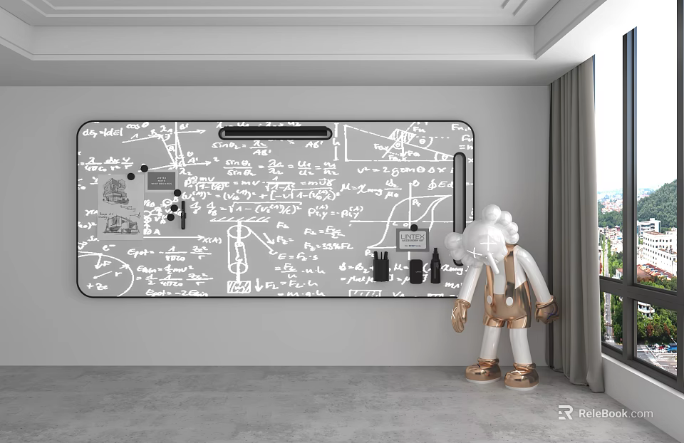 Human Shaped Figurine Decor In Modern Room With Math Formula Whiteboard Near Window 3d model 