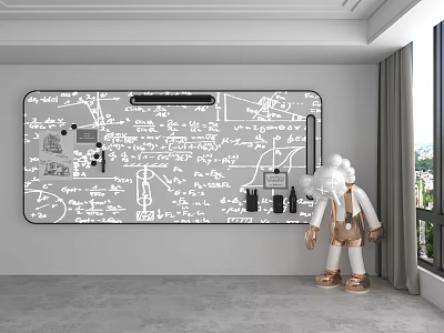 Human Shaped Figurine Decor In Modern Room With Math Formula Whiteboard Near Window 3d model