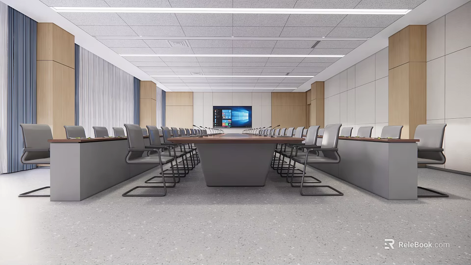Modern Spacious Conference Room With Long Table Chairs And Large Screen 3d model