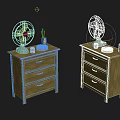 Wooden Bedside Dressers with Vintage Fans Candles Red Plates and Jars