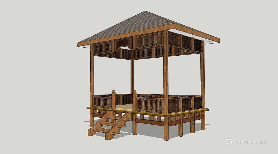 Wooden Pavilion With Sloped Roof Railing Platform And Steps Design 3d model 