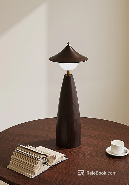 Modern Wooden Table Lamp With Tapered Base And Conical Shade On Round Table 3d model 