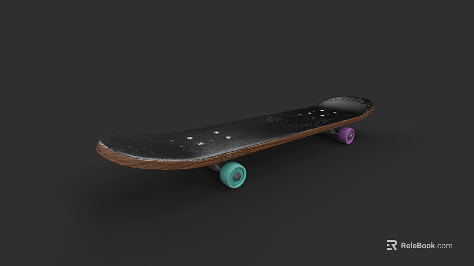 Premium Skateboard Sport Equipment With Black Deck Brown Edge Green And Purple Wheels 3d model 