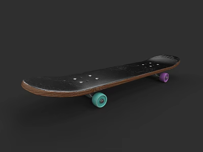 Premium Skateboard Sport Equipment With Black Deck Brown Edge Green And Purple Wheels 3d model