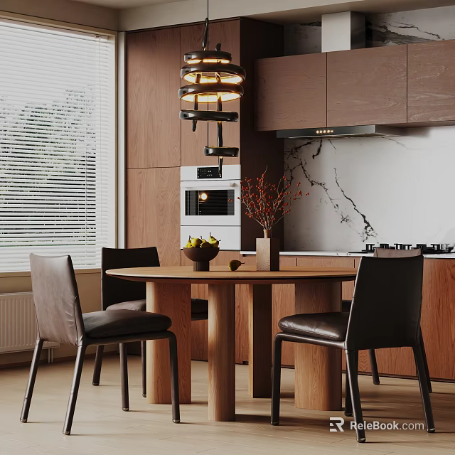 Modern Wooden Dining Table Set With Black Chairs Hanging Lamp And Fruit Bowl In Kitchen 3d model 