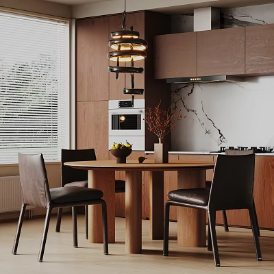 Modern Wooden Dining Table Set With Black Chairs Hanging Lamp And Fruit Bowl In Kitchen 3d model