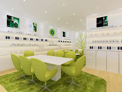 Modern Skincare Store Interior With Green Chairs White Table Bright Lighting And Product Shelves 3d model