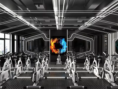 Modern Fitness Gym With Spin Bikes And Tech Inspired Lighting 3d model