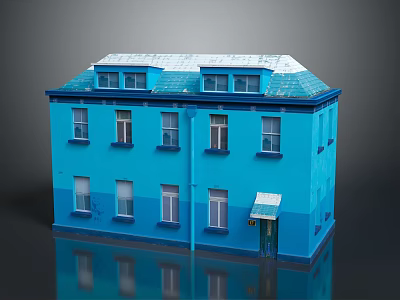 Cartoon Scene Of Two Story Blue House With Snow Covered Roof Green Door And Windows 3d model