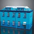 Cartoon Scene Of Two Story Blue House With Snow Covered Roof Green Door And Windows