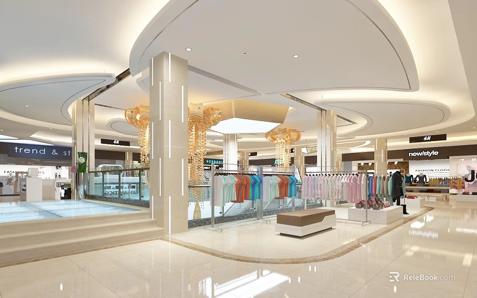 Modern Shopping Mall Lobby With Curved Ceiling Bright Lighting Decorative Columns And Clothing Displays 3d model 