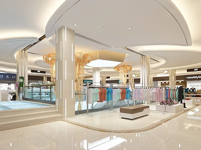 Modern Shopping Mall Lobby With Curved Ceiling Bright Lighting Decorative Columns And Clothing Displays 3d model