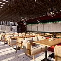Modern Restaurant Dining Interior With Wooden Ceiling Pendant Lights And Upholstered Seats