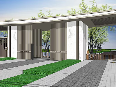 Modern Minimalist Entrance Gate With Column Structure Landscaped Greenery Grass And Paved Path 3d model