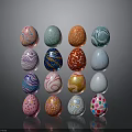 Colorful Easter Eggs Stacked Display With Various Patterns And Vibrant Hues
