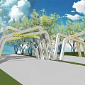 Modern Building Facade With Arched Structures Trees And Blue Sky In Starry Sky City 3d model