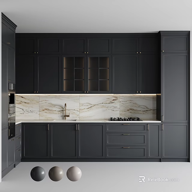 Modern Kitchen Interior Design With Dark Cabinets And Marble Backsplash Countertop 3d model 
