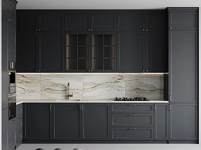 Modern Kitchen Interior Design With Dark Cabinets And Marble Backsplash Countertop 3d model