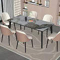 Modern Dining Table Set With Marble Top And Six Light Pink Arched Back Chairs 3d model