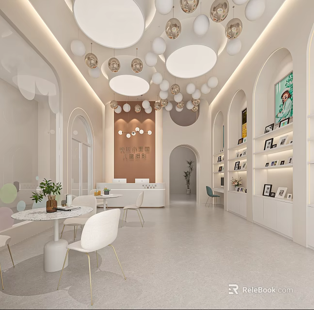 Modern Mall Store Interior With Circular Lights Display Shelves And Furniture 3d model 
