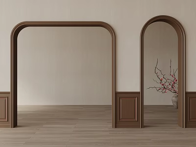 Interior With Wood Framed Arched Doorways Light Walls Wood Flooring And Vase With Red Branches 3d model