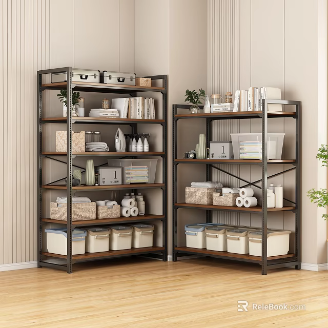 Modern Storage Shelves with Metal Frame and Wooden Shelving Storage Bins Baskets Books and Plants 3d model 